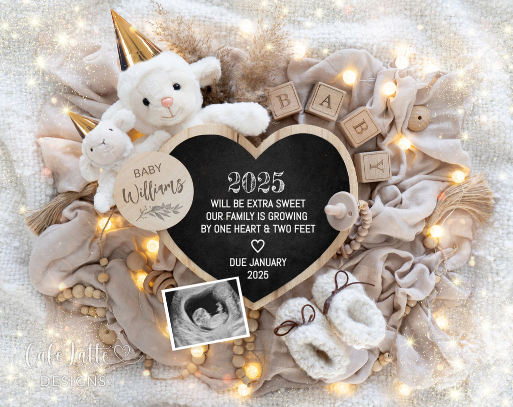 New Years pregnancy announcement digital for social media, New Year digital baby announcement with heart board, little lamb and sparkles, January winter baby reveal chic, 2025 baby announcement,2025 Will Be Extra Sweet