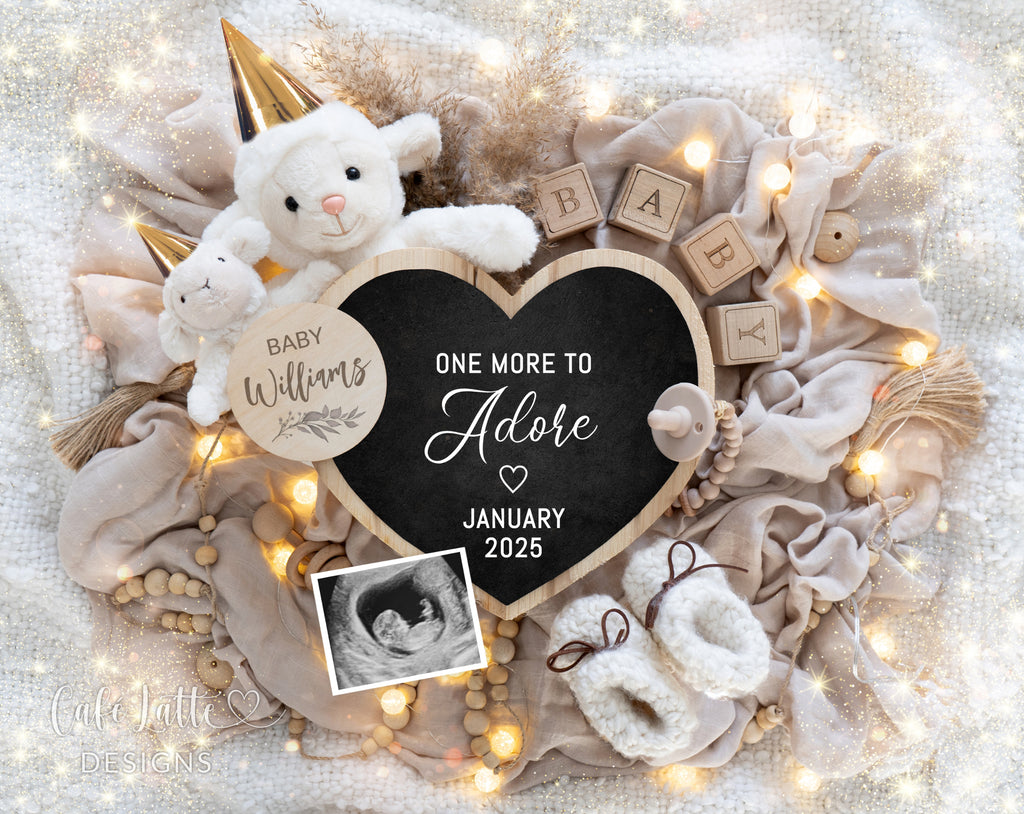 New Years pregnancy announcement digital for social media, New Year digital baby announcement with heart board, little lamb and sparkles, January winter baby reveal chic, 2025 baby announcement, One more to adore, new year baby