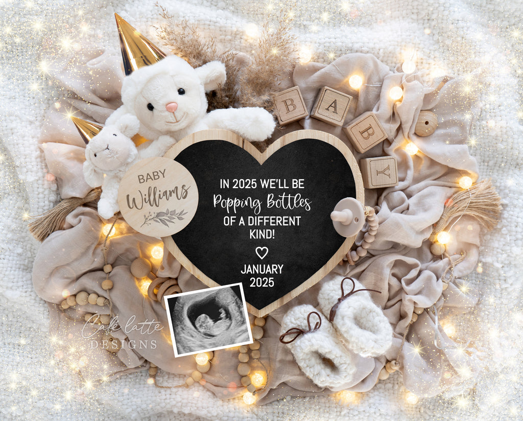 New Years pregnancy announcement digital for social media, New Year digital baby announcement with heart board, little lamb and sparkles, January winter baby reveal chic, 2025 baby announcement, in 2025 well be popping bottles of a different kind