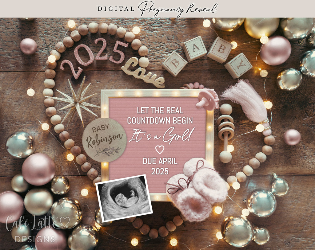 New Years girl gender reveal pregnancy announcement digital for social media, New Years baby girl announcement digital with pink letter board and pink and gold decor, Its a girl gender reveal editable template, Let the real countdown begin