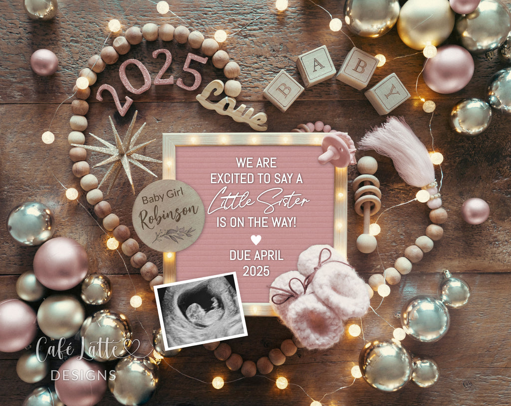 New Years girl gender reveal pregnancy announcement digital for social media, New Years baby girl announcement digital with pink letter board and pink and gold decor, Gender reveal winter pregnancy reveal editable template, Little sister on the way