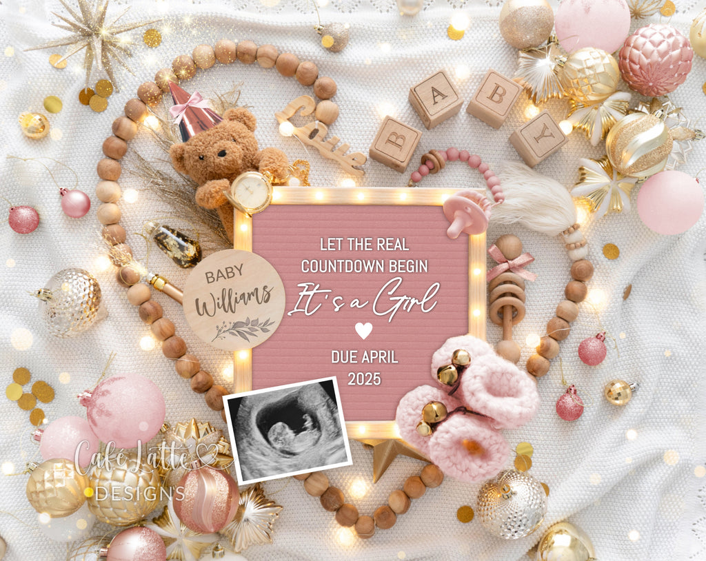 New Years girl gender reveal pregnancy announcement digital for social media, New Years baby girl announcement digital with pink letter board and pink and gold decor, Its a girl gender reveal editable template, let the real countdown begin