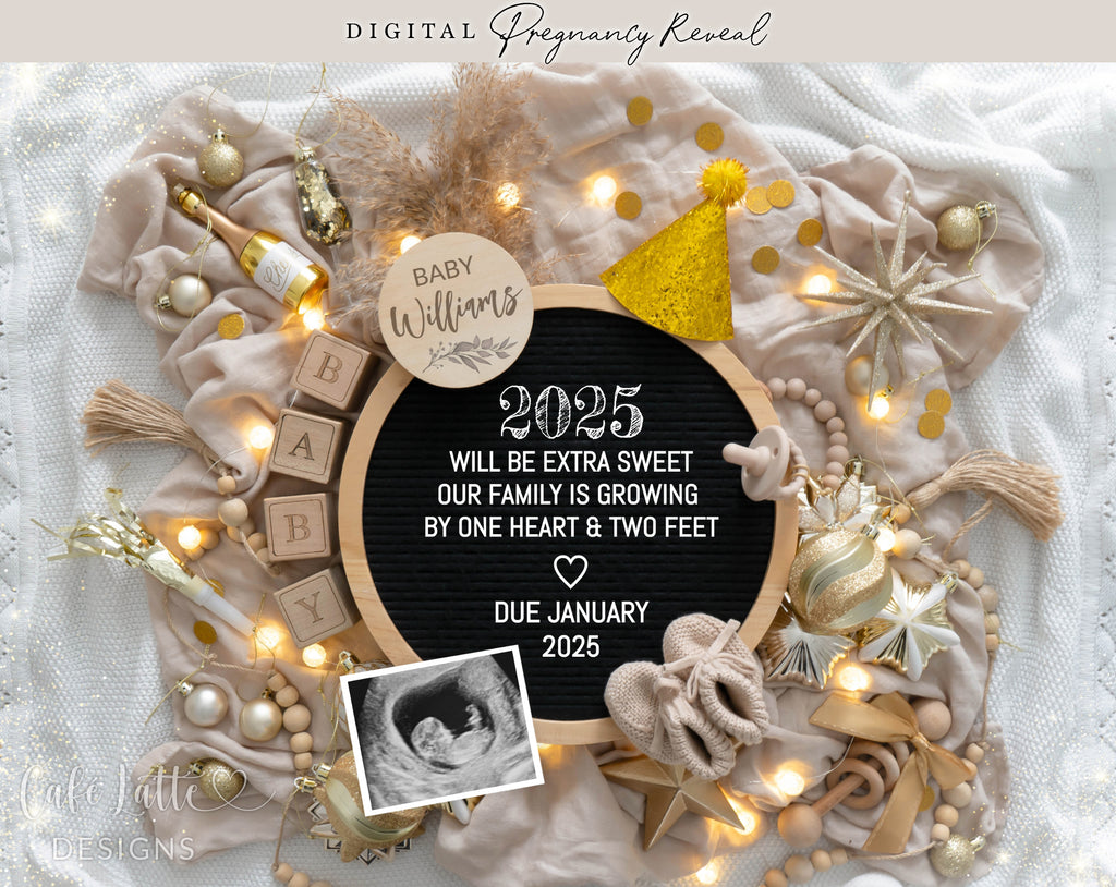 New Years pregnancy announcement digital for social media, New Year digital baby announcement with gold ornaments and circle letter board, 2025 will be extra sweet our family is growing by one heart and two feet, January winter baby reveal chic