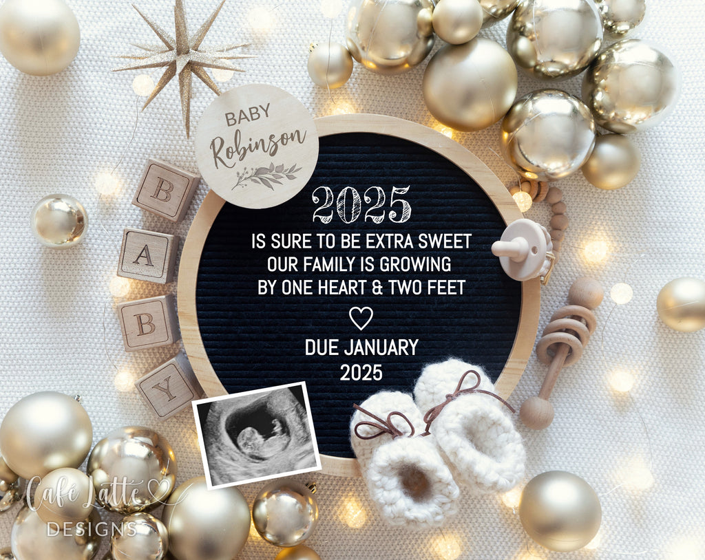 New Years pregnancy announcement digital for social media, New Year digital baby announcement with heart, gold ornaments and letter board, 2025 is sure to be extra sweet our family is growing by one heart and two feet, January winter baby reveal chic