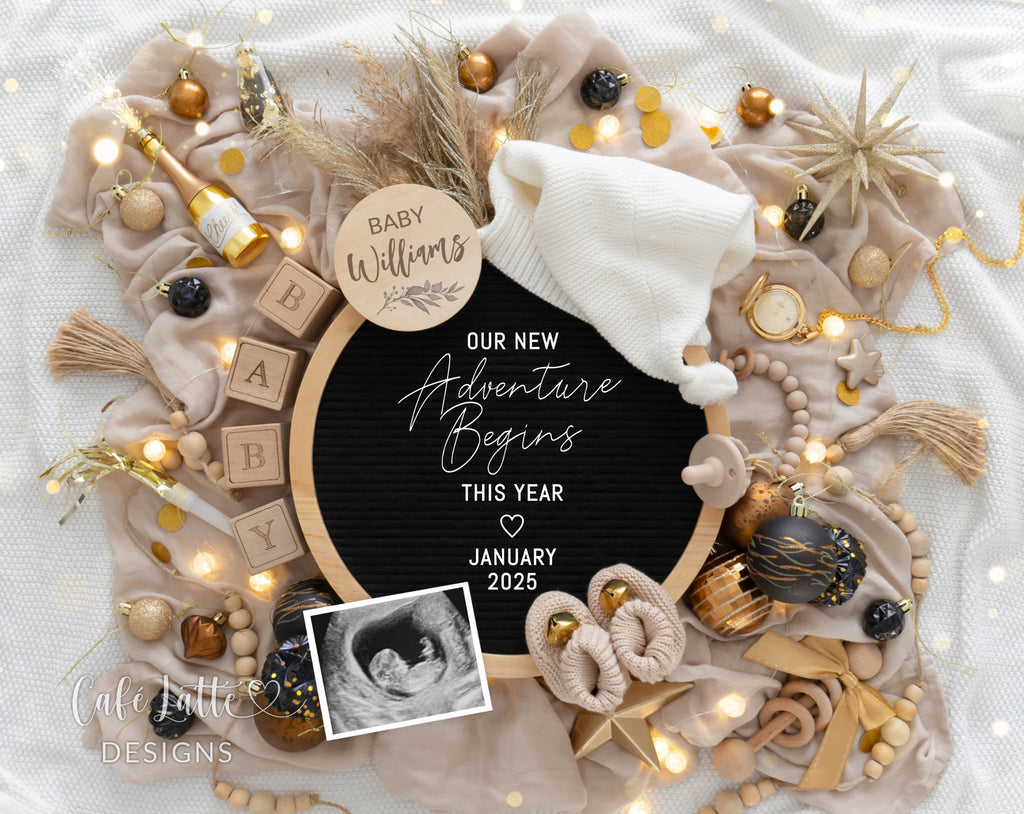 New Years pregnancy announcement digital for social media, New Year digital baby announcement with gold ornaments and circle letter board, January winter baby reveal chic, our new adventure begins this year