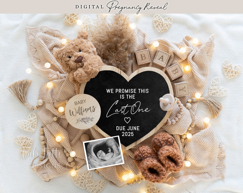 Pregnancy announcement digital, Pregnancy announcement to husband, Pregnancy announcement template, Pregnancy announcement grandparents, Pregnancy reveal, Pregnancy announcement gift, Neutral bear pampas heart board, we promise this is the last one