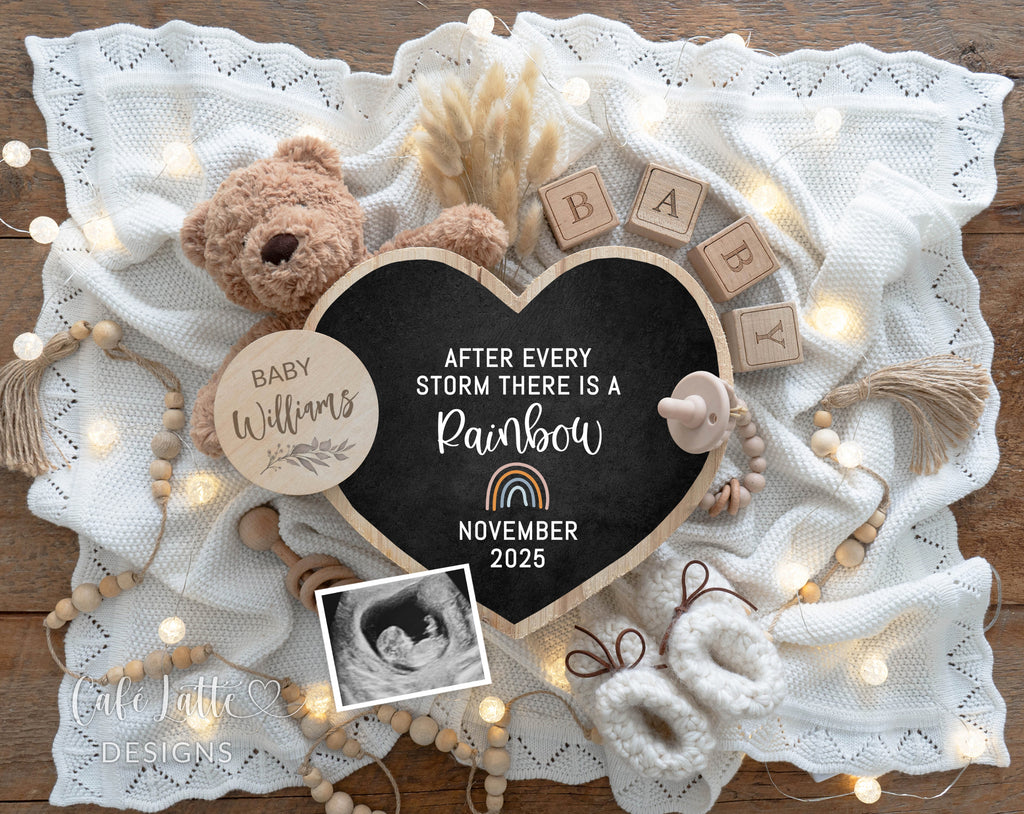 Rainbow baby pregnancy announcement digital reveal for social media, Rainbow baby announcement digital image with bear heart chalkboard and rainbow, After every storm there is a rainbow, Gender neutral rainbow baby editable template DIY, Boho rainbow