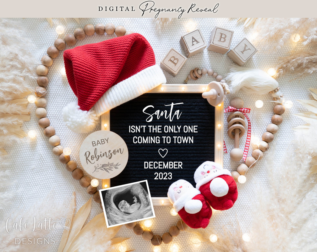 Christmas pregnancy announcement digital reveal for social media, Christmas baby announcement image with Santa hat, Santa baby booties, heart, pampas and letter board, Santa isnt the only one coming to town, Gender neutral boho editable template DIY