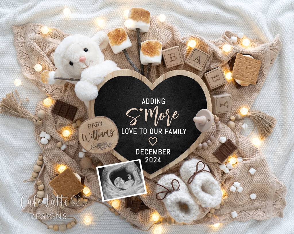 Pregnancy announcement digital, Pregnancy announcement to husband, Pregnancy announcement template, Pregnancy announcement grandparents, Pregnancy reveal, Neutral boho smores lamb marshmallows and heart reveal, Adding smore love to the family, DIY