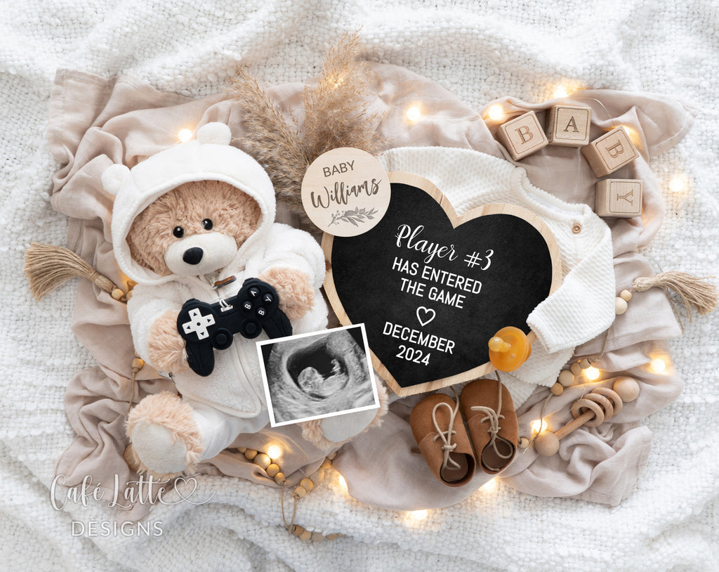 Video game pregnancy announcement digital reveal social media, video game baby announcement digital image with heart & teddy bear holding video game remote, Player 3 has entered the game, editable gender neutral boho template