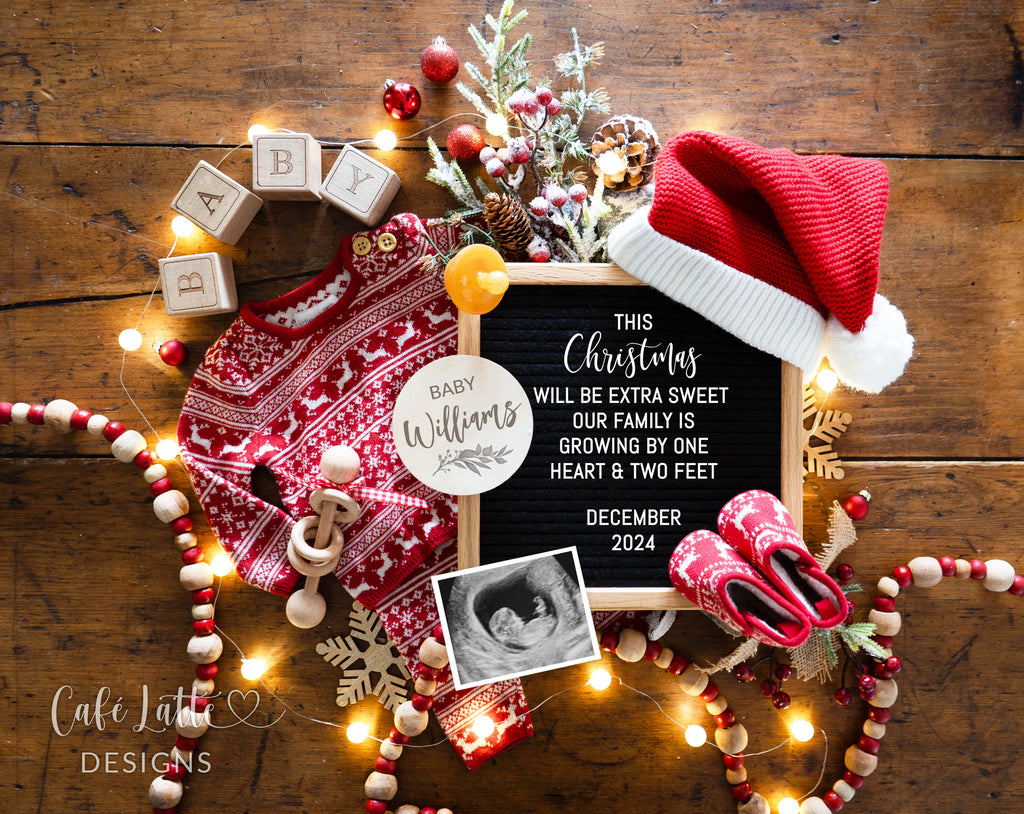 Christmas pregnancy announcement digital reveal for social media, Christmas baby announcement digital image with Santa hat and Christmas baby booties, This Christmas is Extra Sweet Our Family is Growing by One Heart and Two Feet, December baby