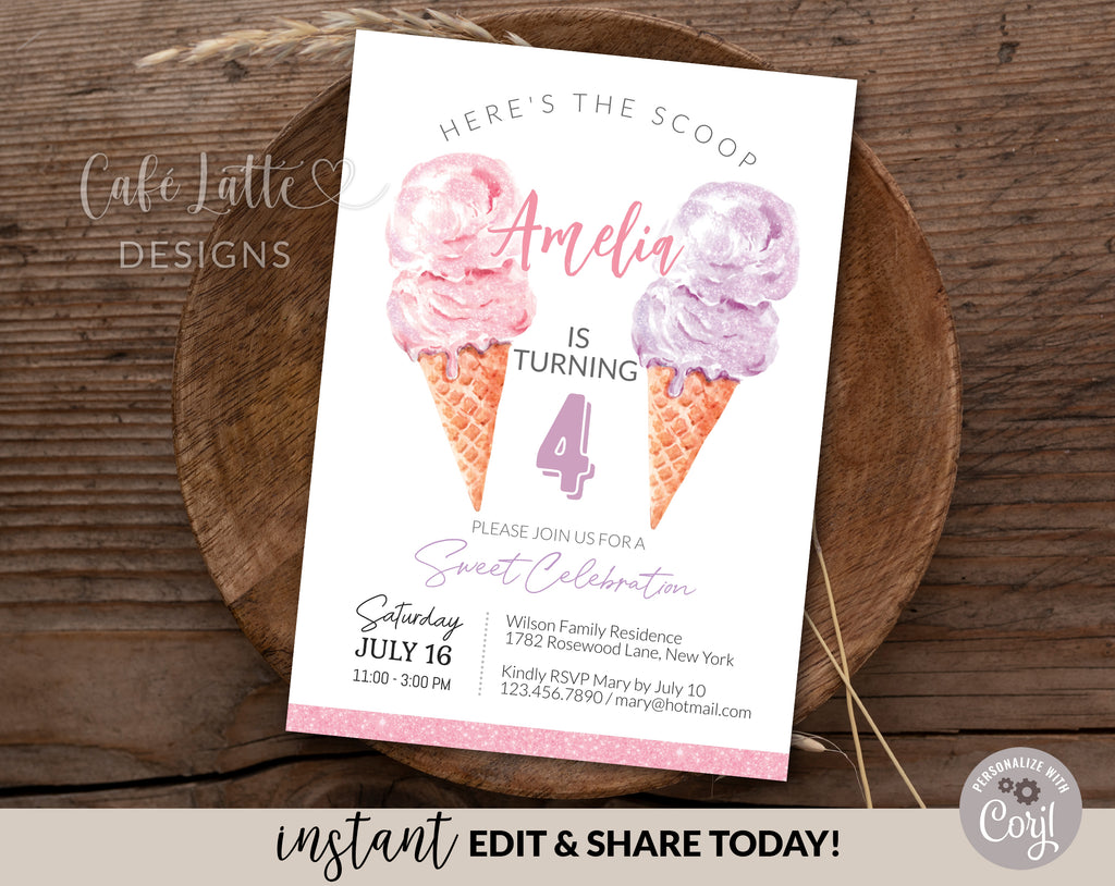 Ice Cream birthday invitation editable template, Printable summer birthday invitation, Personalized custom invite for teen girls women, Pink purple glitter ice cream invitation card, Digital birthday invitation email text message, Heres the scoop DIY