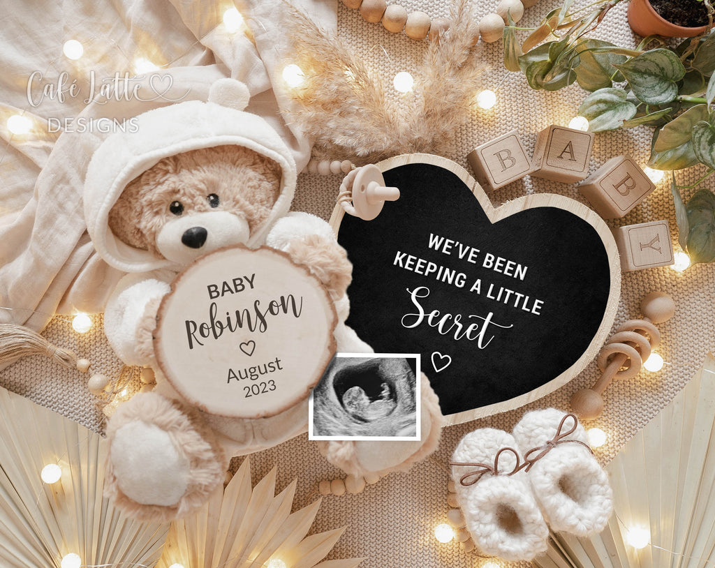 Bohemian pregnancy announcement digital reveal for social media, boho baby announcement digital image with teddy bear, plant, pampas and heart chalkboard, gender neutral baby, we have been keeping a little secret