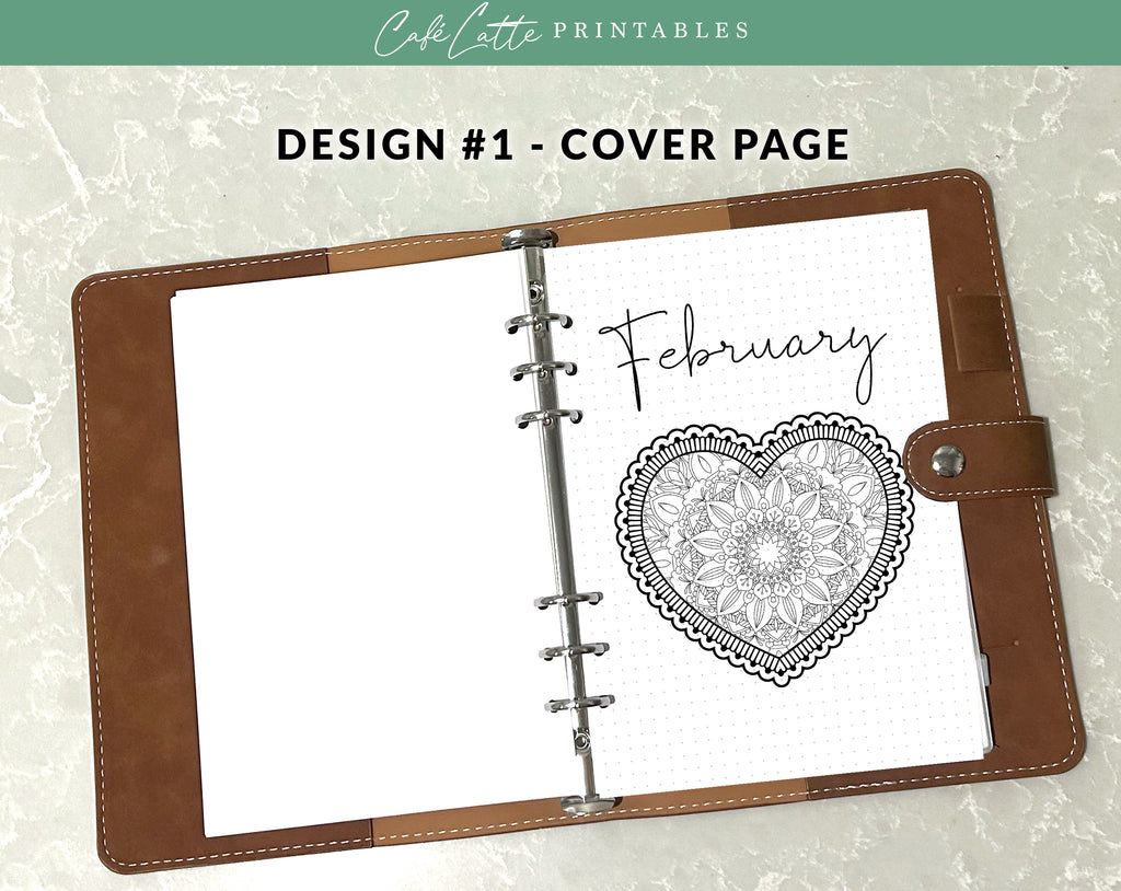 Bullet journal February cover title page, Bullet journal February calendar, February notes page, Printable journal February title page, Printable February Calendar with mandala snowflake, February set, A4 and A5 printable template DIY