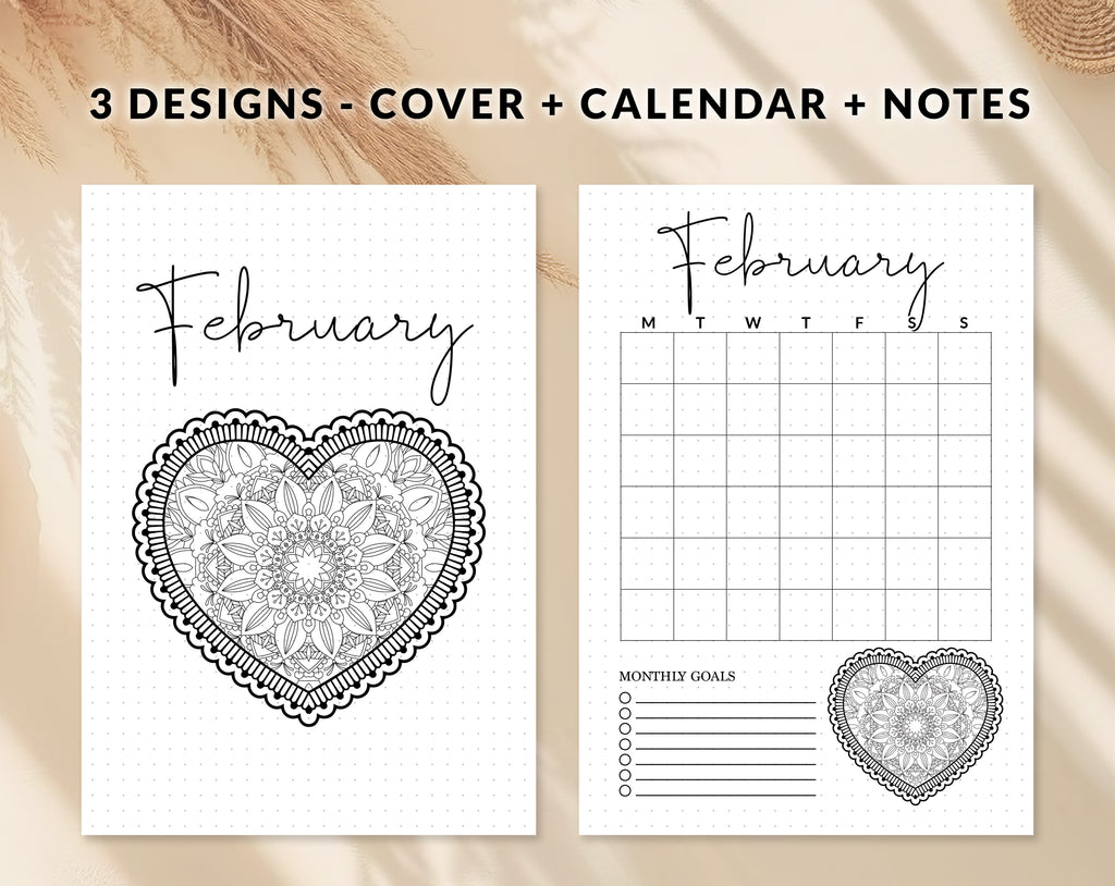 Bullet journal February cover title page, Bullet journal February calendar, February notes page, Printable journal February title page, Printable February Calendar with mandala snowflake, February set, A4 and A5 printable template DIY