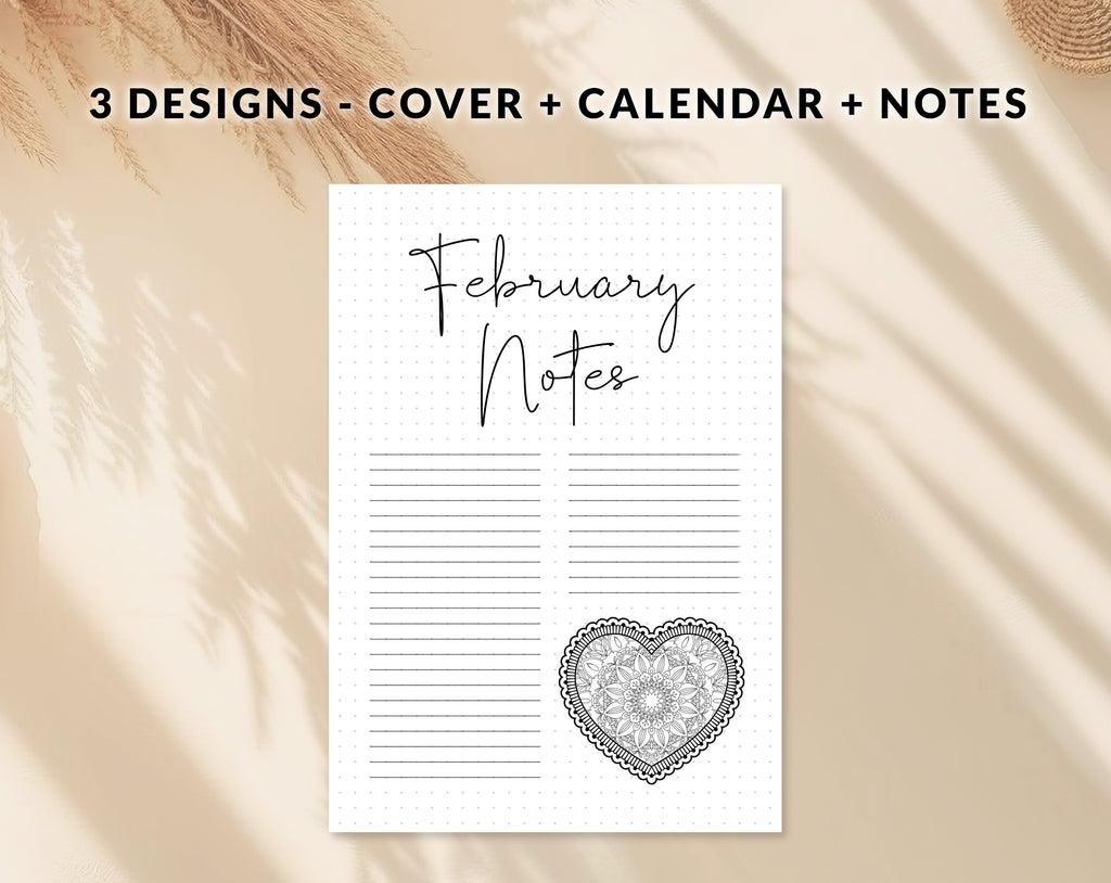 Bullet journal February cover title page, Bullet journal February calendar, February notes page, Printable journal February title page, Printable February Calendar with mandala snowflake, February set, A4 and A5 printable template DIY