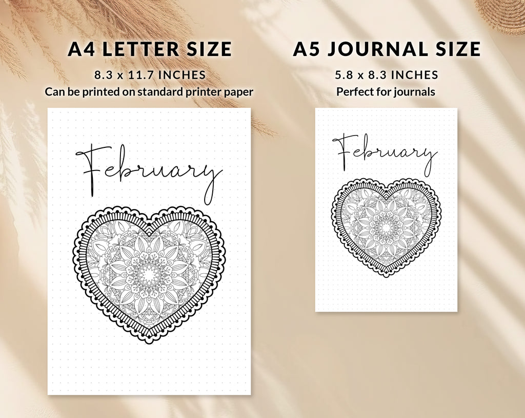 Bullet journal February cover title page, Bullet journal February calendar, February notes page, Printable journal February title page, Printable February Calendar with mandala snowflake, February set, A4 and A5 printable template DIY