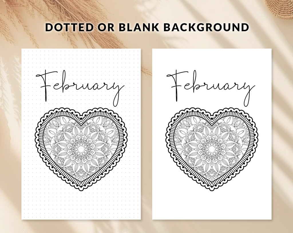 Bullet journal February cover title page, Bullet journal February calendar, February notes page, Printable journal February title page, Printable February Calendar with mandala snowflake, February set, A4 and A5 printable template DIY