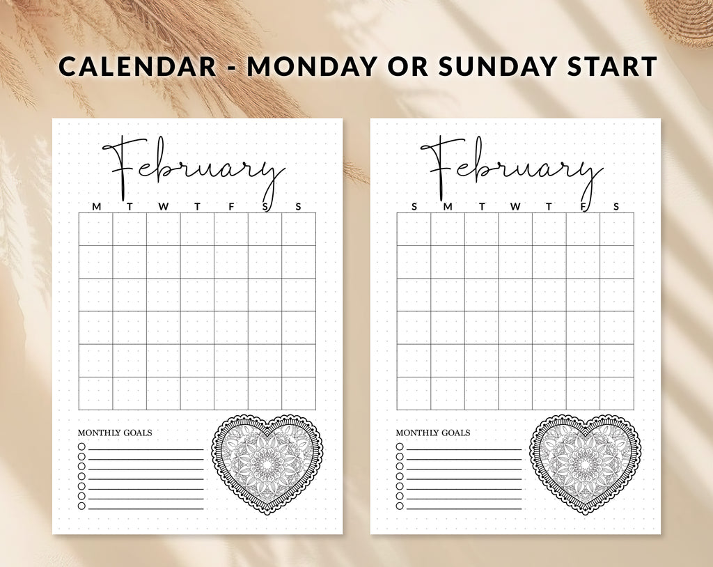 Bullet journal February cover title page, Bullet journal February calendar, February notes page, Printable journal February title page, Printable February Calendar with mandala snowflake, February set, A4 and A5 printable template DIY