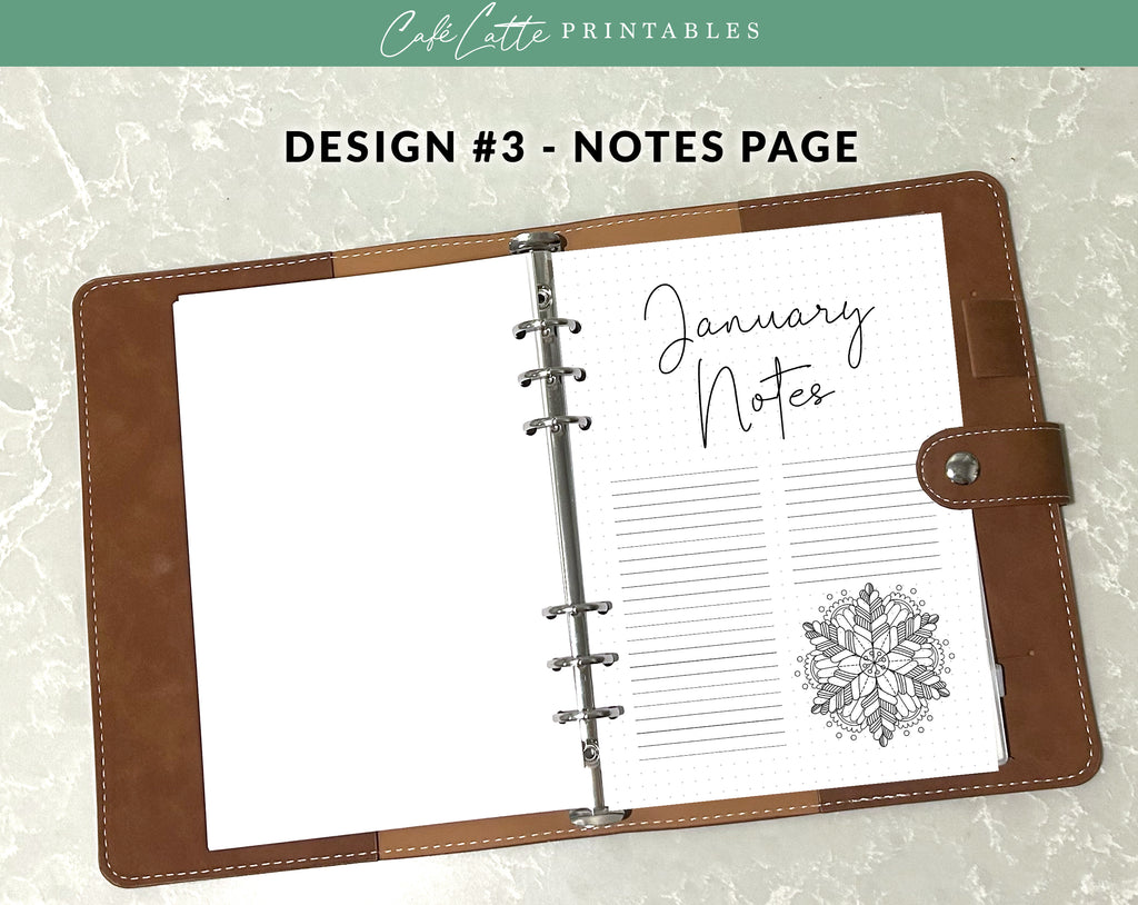 Bullet journal January cover title page, Bullet journal January calendar, January notes page, Printable journal January title page, Printable January Calendar with mandala snowflake, January set, A4 and A5 printable template DIY