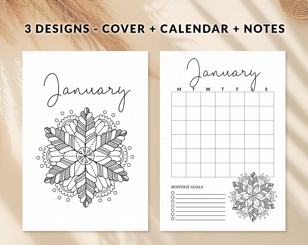 Bullet journal January cover title page, Bullet journal January calendar, January notes page, Printable journal January title page, Printable January Calendar with mandala snowflake, January set, A4 and A5 printable template DIY