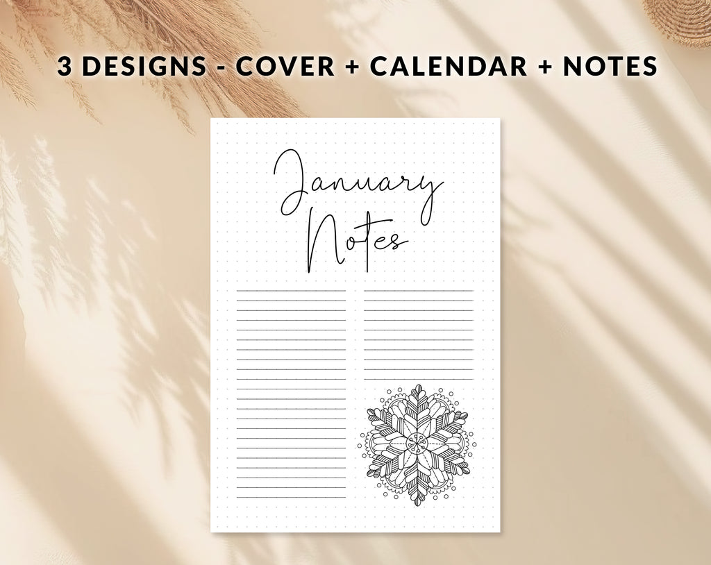 Bullet journal January cover title page, Bullet journal January calendar, January notes page, Printable journal January title page, Printable January Calendar with mandala snowflake, January set, A4 and A5 printable template DIY