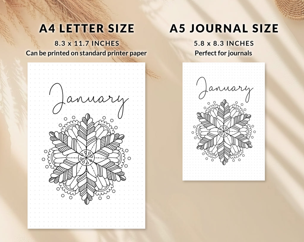 Bullet journal January cover title page, Bullet journal January calendar, January notes page, Printable journal January title page, Printable January Calendar with mandala snowflake, January set, A4 and A5 printable template DIY