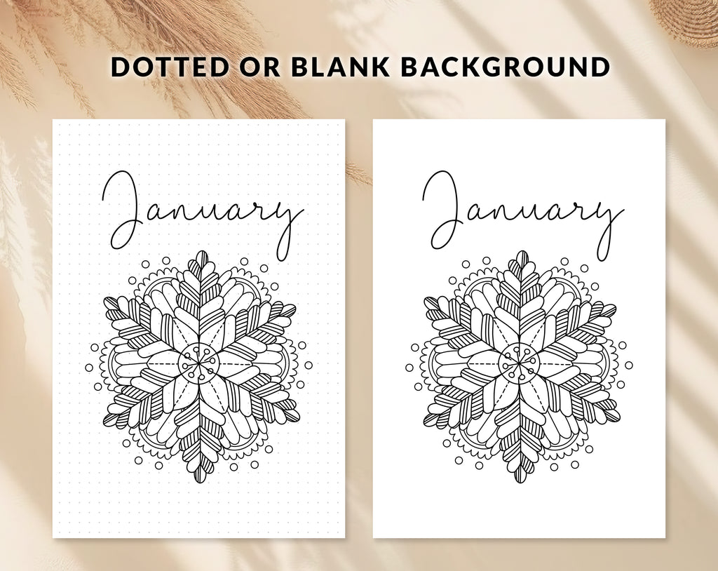 Bullet journal January cover title page, Bullet journal January calendar, January notes page, Printable journal January title page, Printable January Calendar with mandala snowflake, January set, A4 and A5 printable template DIY