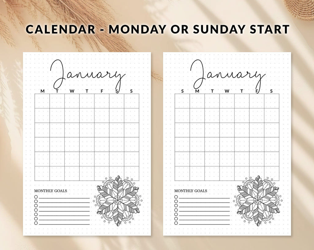 Bullet journal January cover title page, Bullet journal January calendar, January notes page, Printable journal January title page, Printable January Calendar with mandala snowflake, January set, A4 and A5 printable template DIY