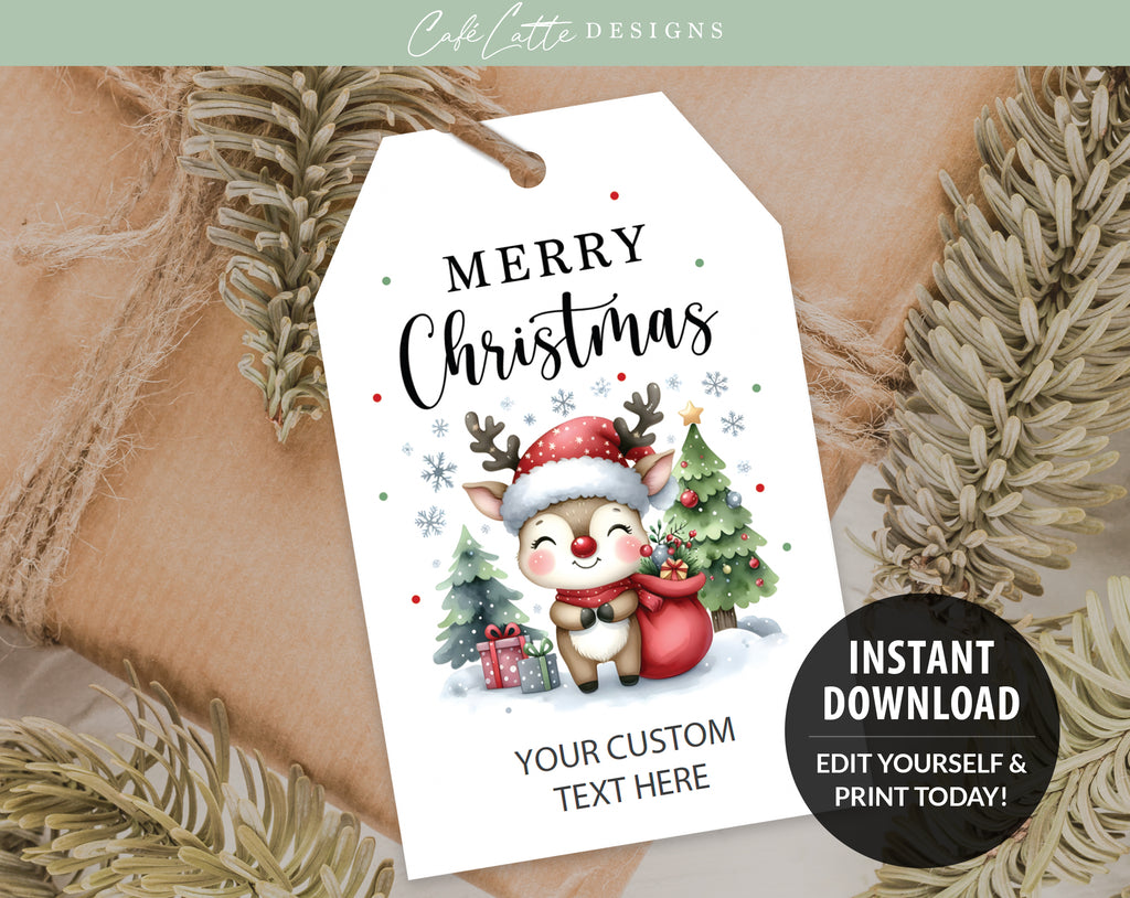 Christmas gift tags printable, Christmas gift tags editable template, Merry Christmas Rudolph gift tags watercolor, Favor tags food gift labels for Christmas, DIY instant download print at home gift tags, Christmas gift tags school friends teacher