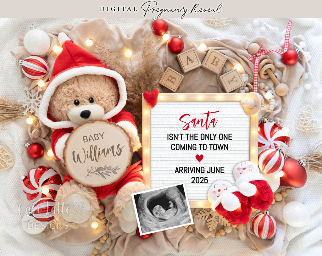 Christmas pregnancy announcement digital reveal for social media, Christmas baby announcement digital with bear in Santa outfit Santa baby booties and white letter board, Santa is not the only one coming to town