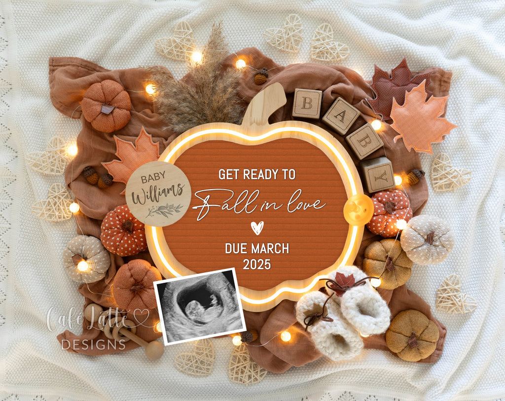 Fall pregnancy announcement digital for social media, Autumn baby announcement digital with pumpkin letter board and fall leaves, Get ready to Fall in Love, Gender neutral fall pregnancy reveal editable template DIY