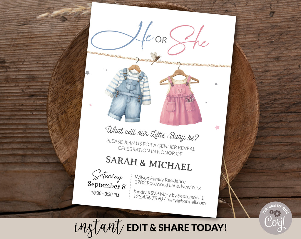 Gender reveal invitation, Baby clothes vintage clothesline boy girl gender reveal invite editable template DIY, He or She, Boy or Girl, Pink or blue Summer fall autumn baby reveal, printable invitation, email, gender reveal text message invite