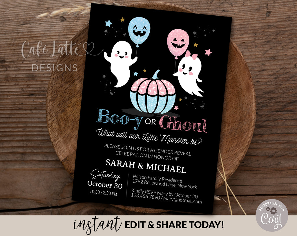 Halloween gender reveal invitation editable template, Halloween boy or girl gender reveal invite printable, October baby Booy or Ghoul invitation, Little ghosts Halloween baby gender reveal invite, Pink or blue balloons