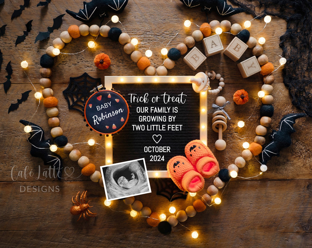 Halloween pregnancy announcement digital reveal for social media, Halloween baby announcement digital image with heart, bats, baby booties and letter board, Trick or treat our family is growing by two little feet, Gender neutral editable template DIY