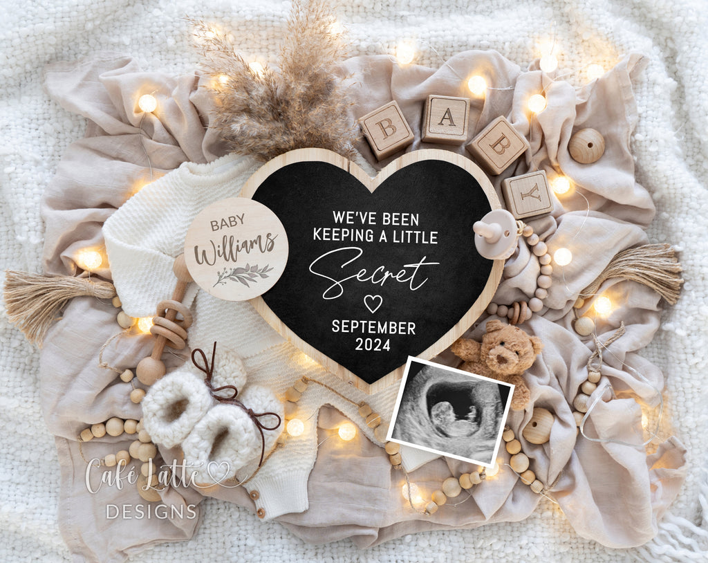 Pregnancy Announcement Digital Boho Gender Neutral Heart Chalkboard, Baby Announcement Digital Editable Template Keeping A Little Secret, Little Teddy Bear with Knitted outfit and Heart Chalkboard