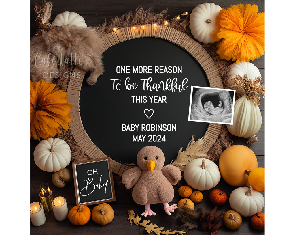 Thanksgiving pregnancy announcement digital reveal for social media, Thanksgiving baby announcement little turkey, pumpkins and chalkboard, One more reason to be thankful this year, Gender neutral boho baby, editable template DIY