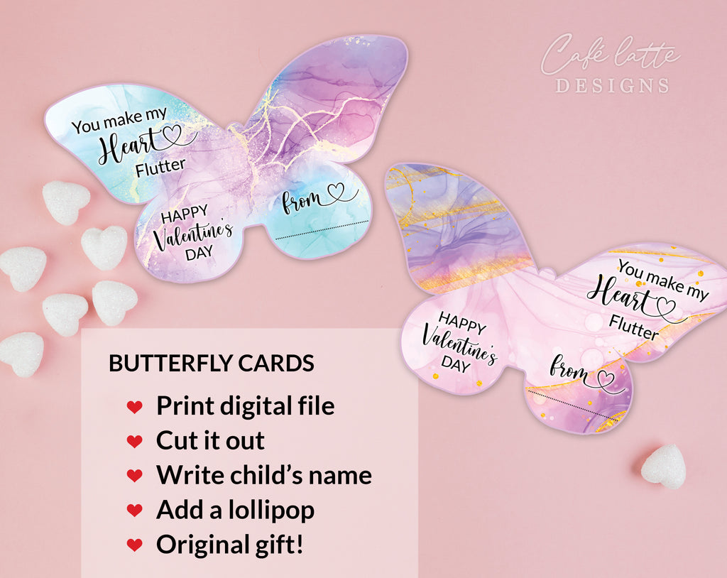 Valentines day butterfly lollipop cards for kids, Valentines day cards for friends at school printable DIY, Valentine gift tags printable with butterfly