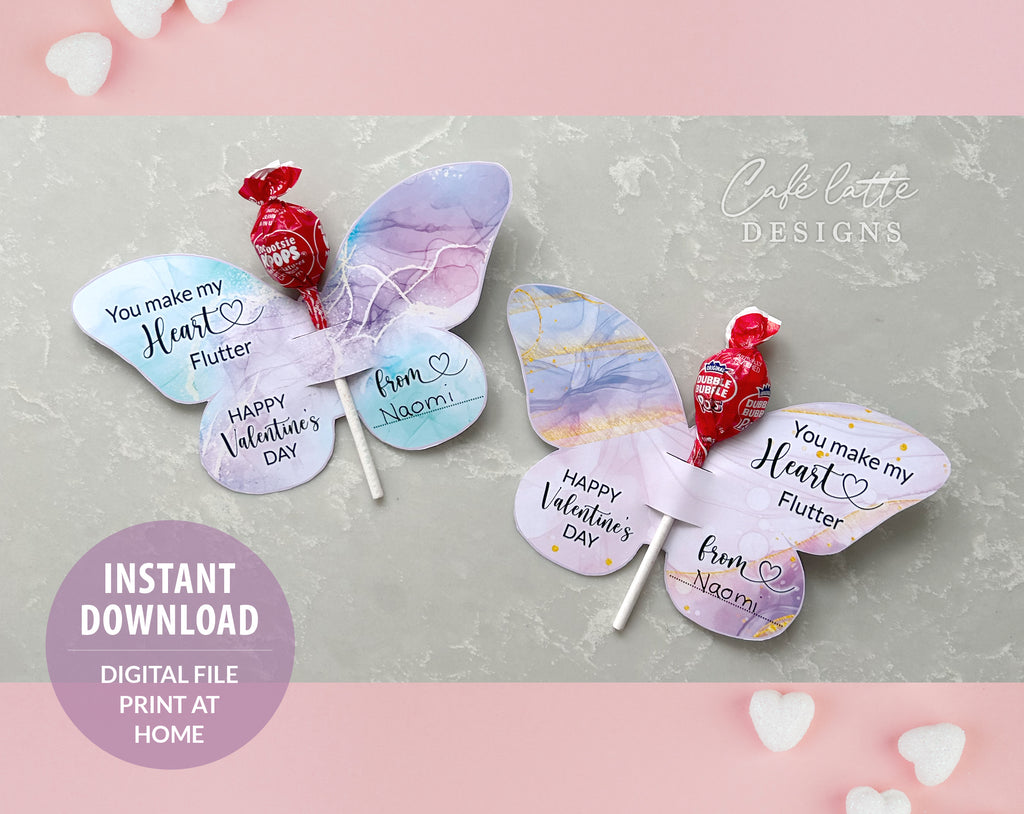 Valentines day butterfly lollipop cards for kids, Valentines day cards for friends at school printable DIY, Valentine gift tags printable with butterfly