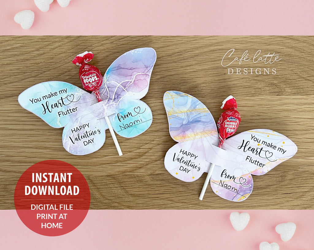 Valentines day butterfly lollipop cards for kids, Valentines day cards for friends at school printable DIY, Valentine gift tags printable with butterfly