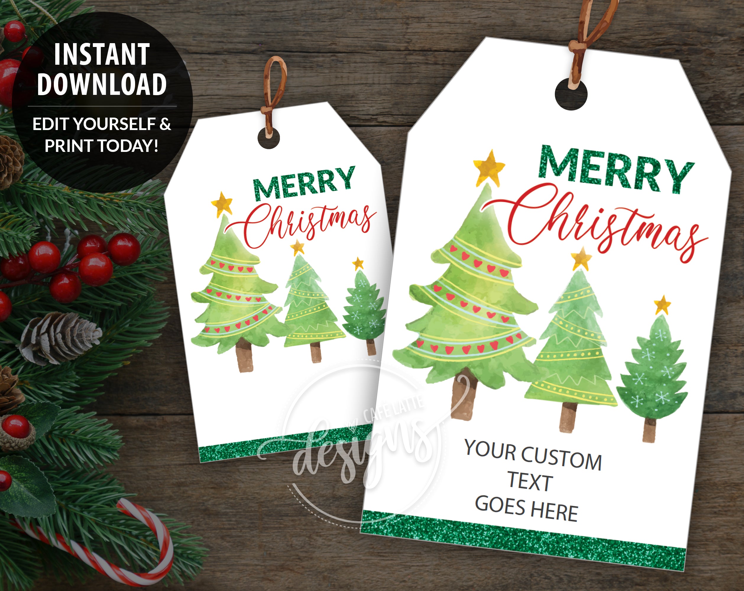 Printable Christmas Gift Tags DIGITAL FILE ONLY, Green Christmas