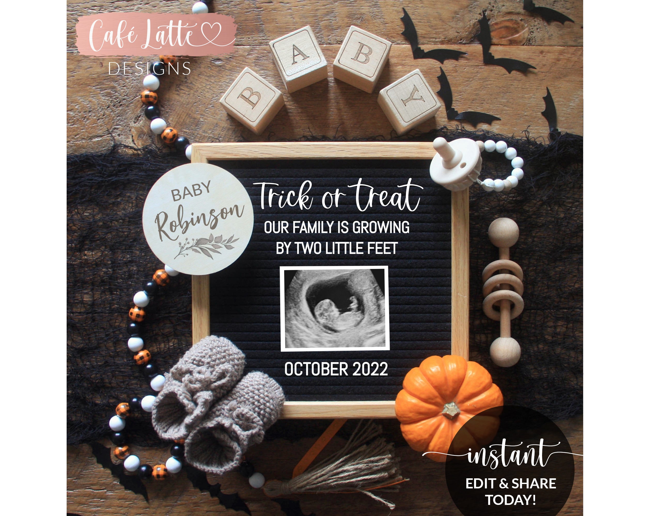 Editable Pregnancy Announcement for Social Media, Halloween Trick or Treat  Growing by Two Little Feet Digital Template, October Baby, DIY